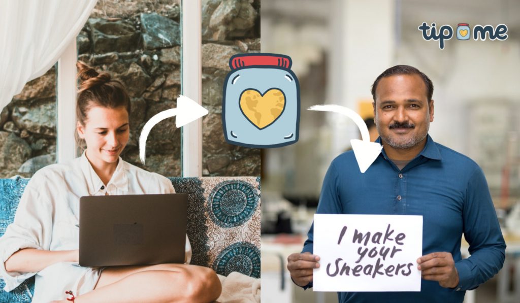 Visualisierung der Funktionsweise von tip me: Die Kundin gibt beim Kauf Trinkgeld und der Näher des Produkts bekommt direkt das Geld.