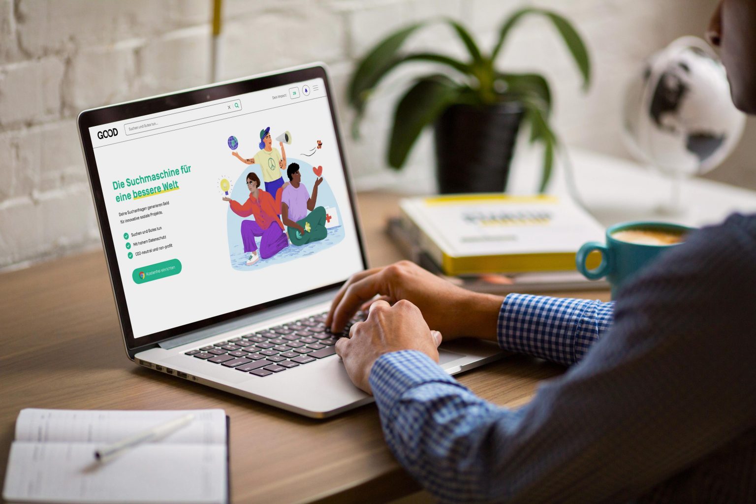 GOOD – Die soziale Suchmaschine für Weltverbesserer Suchmaschine GOOD, die auf einem Laptop angezeigt wird